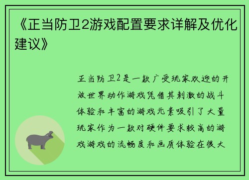《正当防卫2游戏配置要求详解及优化建议》