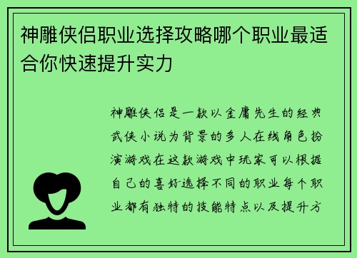 神雕侠侣职业选择攻略哪个职业最适合你快速提升实力