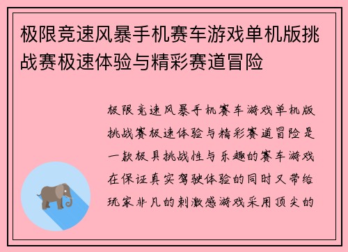 极限竞速风暴手机赛车游戏单机版挑战赛极速体验与精彩赛道冒险